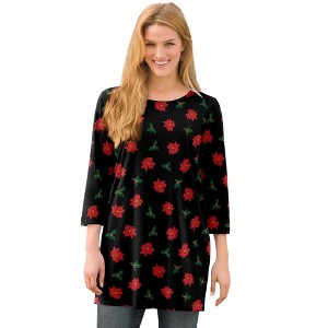Woman Within Plus Size Perfect Printed Three-Quarter-Sleeve Scoopneck Tunic - 1 of 4