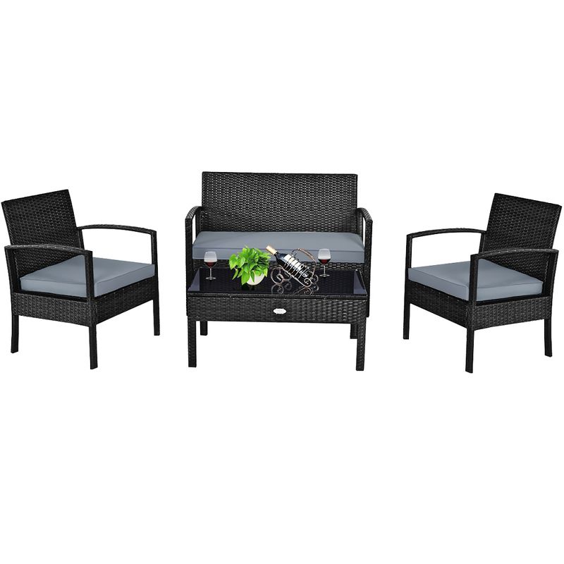 Costway 4PCS Outdoor Patio Rattan Furniture Set Cushioned Sofa Coffee Table Garden Deck, 2 of 13