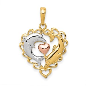 Black Bow Jewelry 14k Yellow & Rose Gold with White Rhodium Double Dolphin Heart Pendant - 1 of 4