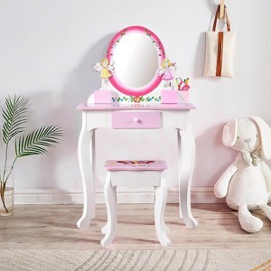 Angel Sar 23.8Inch Kids Vanity Set, Floral Printed Wooden Makeup Dressing Table with Mirror and Stool, Pink Princess Role Play Furniture with Storage - 1 of 4
