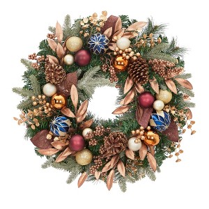 24" Front Door Pre-Assembled Christmas Wreath, Holiday Wreath with Lights, Pine Cones, Berries, Ball Ornaments, Leaves, Gold - 1 of 4