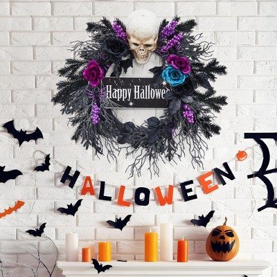 Spooky 22" Halloween Wreath with LED Lights & Purple Flowers for Front Door, Porch, Indoor/Outdoor Decor