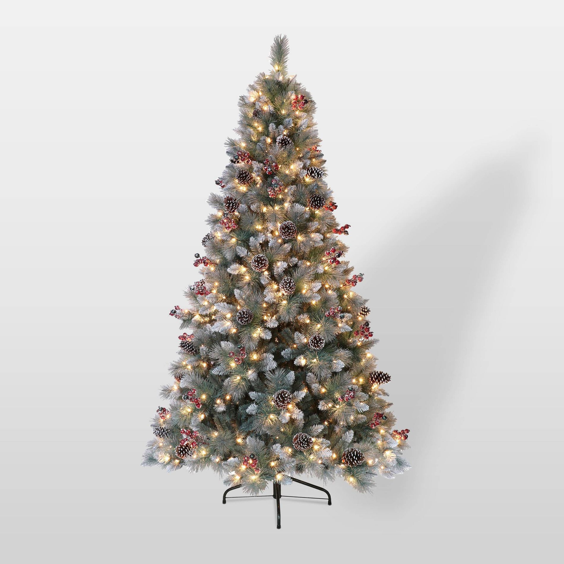 Puleo 7.5ft Pre-Lit Full Glitter Pine Tree Artificial Christmas Tree: Hinged Branches, 600 Clear Lights, Metal Base