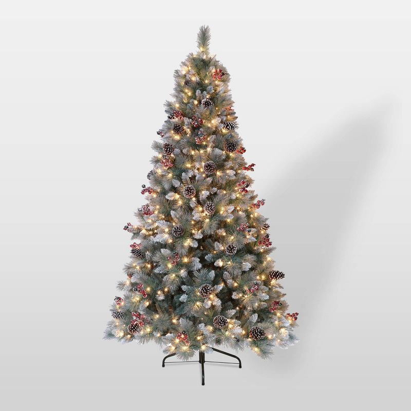 7.5ft Pre-Lit Full Glitter Pine Tree Artificial Christmas Tree - Puleo, 1 of 5