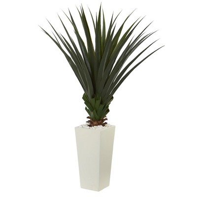 Nearly Natural 5-ft Spiky Agave Artificial Plant in White Tower Planter