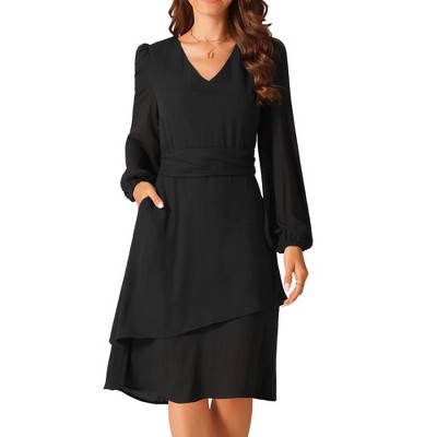 Seta T Women's Long Sleeve V Neck High Waist Layered Swing Casual Dress with Pockets