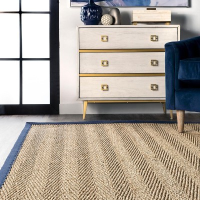 Navy Rectangular Seagrass Herringbone Area Rug, 6' x 9'