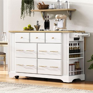 Kumasinova 51" Kitchen Cart with 6 Drawers,Rolling Cart with Drop Leaf&Power Outlet,Kitchen Island with Trash Can Storage&5 Open Shelves for Dining - 1 of 4
