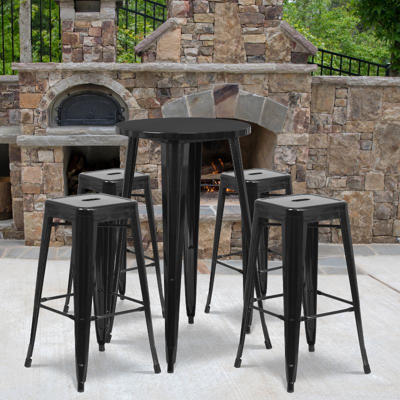 Flash Furniture Commercial Grade 24" Round Metal Indoor-Outdoor Bar Table Set with 4 Square Seat Backless Stools, 2 of 5