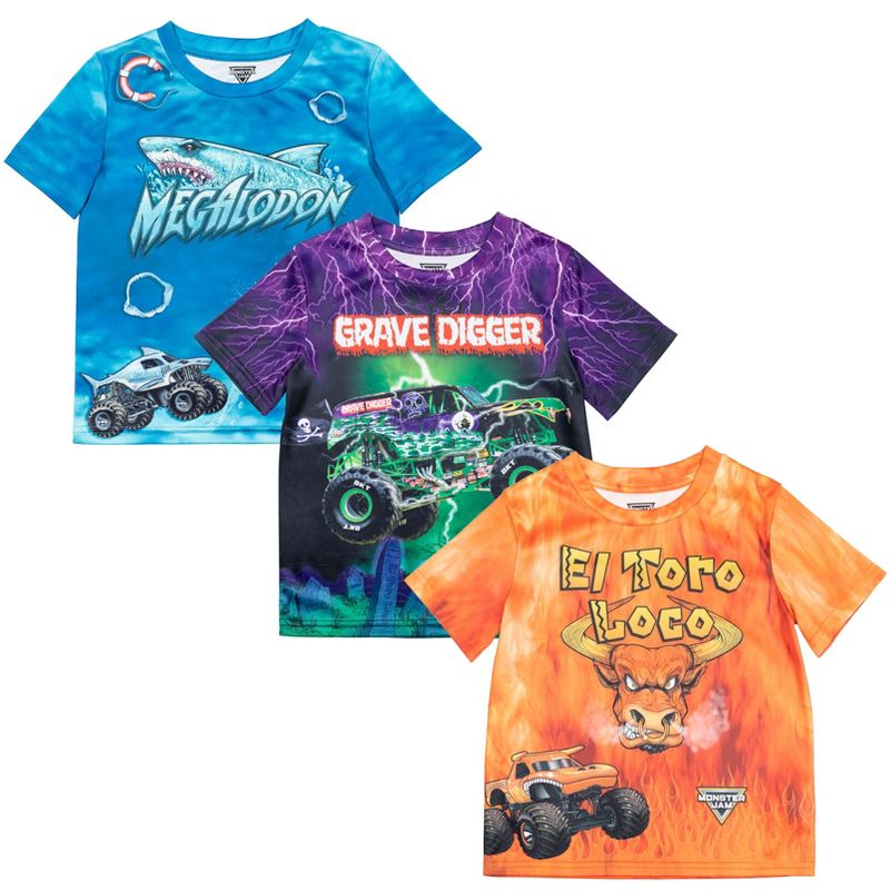 Monster Jam Grave Digger El Toro Loco Megalodon Truck 3 Pack T-Shirts Toddler, 1 of 8