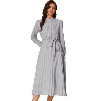 Allegra K Women's Long Sleeve Mock Neck A-Line Flowy Midi Pleated Shirt Dress