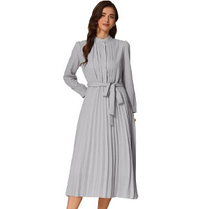 Allegra K Women's Long Sleeve Mock Neck A-Line Flowy Midi Pleated Shirt Dress - 1 of 4