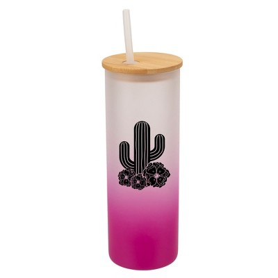Elanze Designs Cactus Desert Flower Garden Wrap-Around Design 25 Ounce Frosted Gradient Glass On-The-Go Coffee Travel Skinny Tumbler Mug Cup, Bamboo