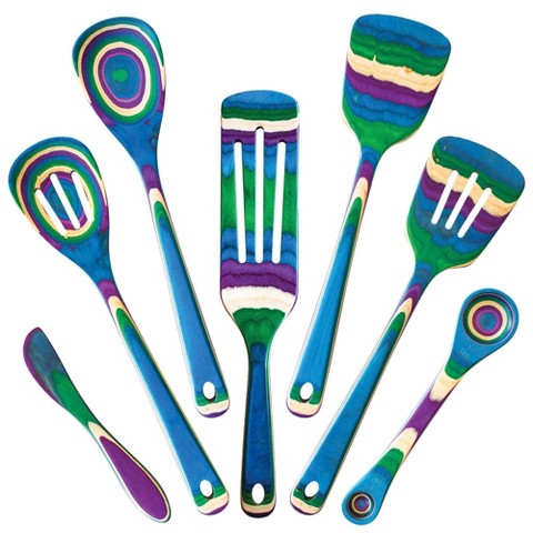 Baltique 7pc Mumbai Kitchen Utensil Set: Wood Cooking Tools, Spoon, Spurtle, Spatula, Multicolored, Hand Wash