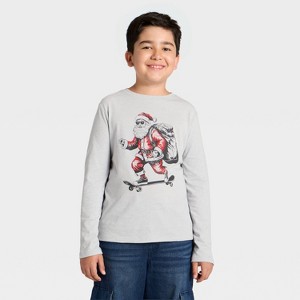 Boys' Long Sleeve 'Skateboarding Santa' Graphic T-Shirt - Cat & Jack™ Heather Gray - 1 of 4