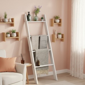 Gymax 4-Tier Ladder Shelf Wall Leaning Blanket Ladder Wooden Quilt & Throw Holder Rack Decorative Towel Storage Shelf White Pine Wood Blanket Stand - 1 of 4