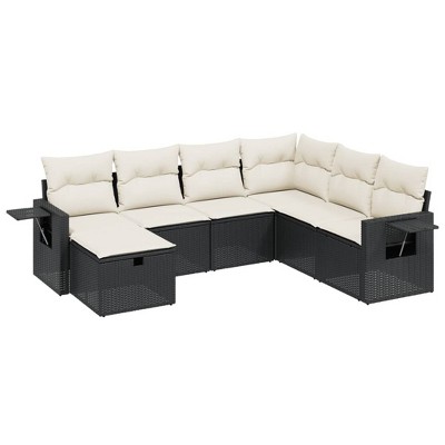vidaXL 7 Piece Patio Sofa Set with Cushions Black and Cream Poly Rattan - Without Table