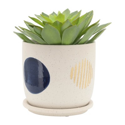 Set of 2 White Ceramic Funky Planter with Saucer 6" Contemporary Design
