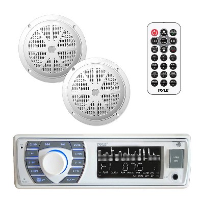 Pyle PLMRKT36WT 5.25 Inch Waterproof Bluetooth Marine Stereo Receiver and Speaker Pair Kit with Hands Free Calling and Wireless Streaming, White