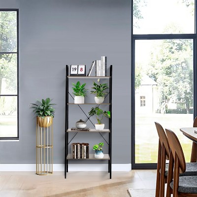 Black Metal and Wood 4-Shelf Ladder Bookcase