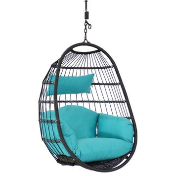 Sunnydaze Outdoor Resin Wicker Patio Penelope Hanging Basket Egg Chair Swing with Cushions and Headrest - 2pc