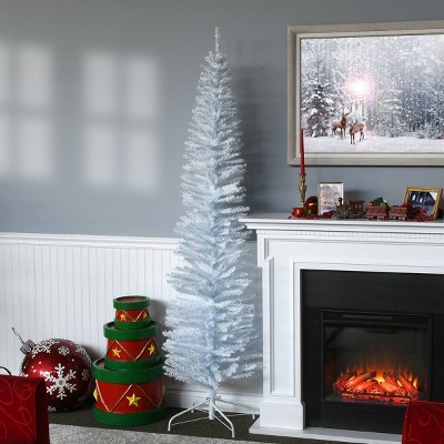 National Tree Company 7' Unlit White Iridescent Pencil Slim Tinsel Artificial Christmas Tree 640 Tips