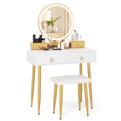 Tangkula Makeup Vanity Set Dressing Vanity Desk w/ Mirror & 3-Color Dimmable LED Lights