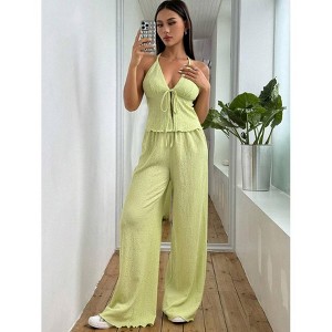 Mocamel Women Textured Pleated Halter Camisole And Loose Wide Leg Pants Sexy Outfit.Summer Outfits For Women - 1 of 4