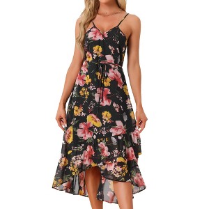 Allegra K Women's Floral Sleeveless V Neck Ruffle Hem Midi Sundresses - 1 of 4