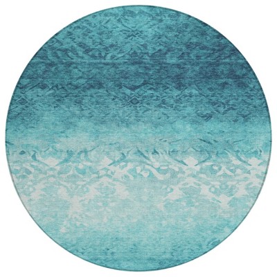HomeRoots 8' Teal Blue And Ivory Round Damask Washable Indoor Outdoor Area Rug