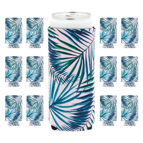 12 Pack Tropical Birthday Party Slim Can Cooler Sleeves, Dark Pink, Green, 12 oz