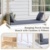 Outdoor Swing Chair with 2 Person Seating, Acacia Wood Hanging Chair Porch Swing Bench w/ Cushion, 2 Pillows & Hemp Ropes for Garden Backyard, White - 2 of 4