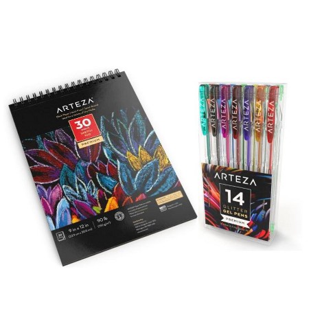 Arteza Coloring Set - 14 Glitter Gel Pens And A Black Paper Sketch