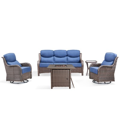 Buenhomino 5Pcs Patio Furniture Set with Fire Pit - Wicker Patio Conversation Set with Swivel Glider, Wicker Sofa, Tempered Side Table,6-inch Cushion