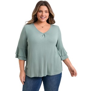GRACE & GRANDEUR Women's Plus Size Pleated Front V Neck Double Layered 3/4 Ruffle Sleeve Casual Blouses - 1 of 4