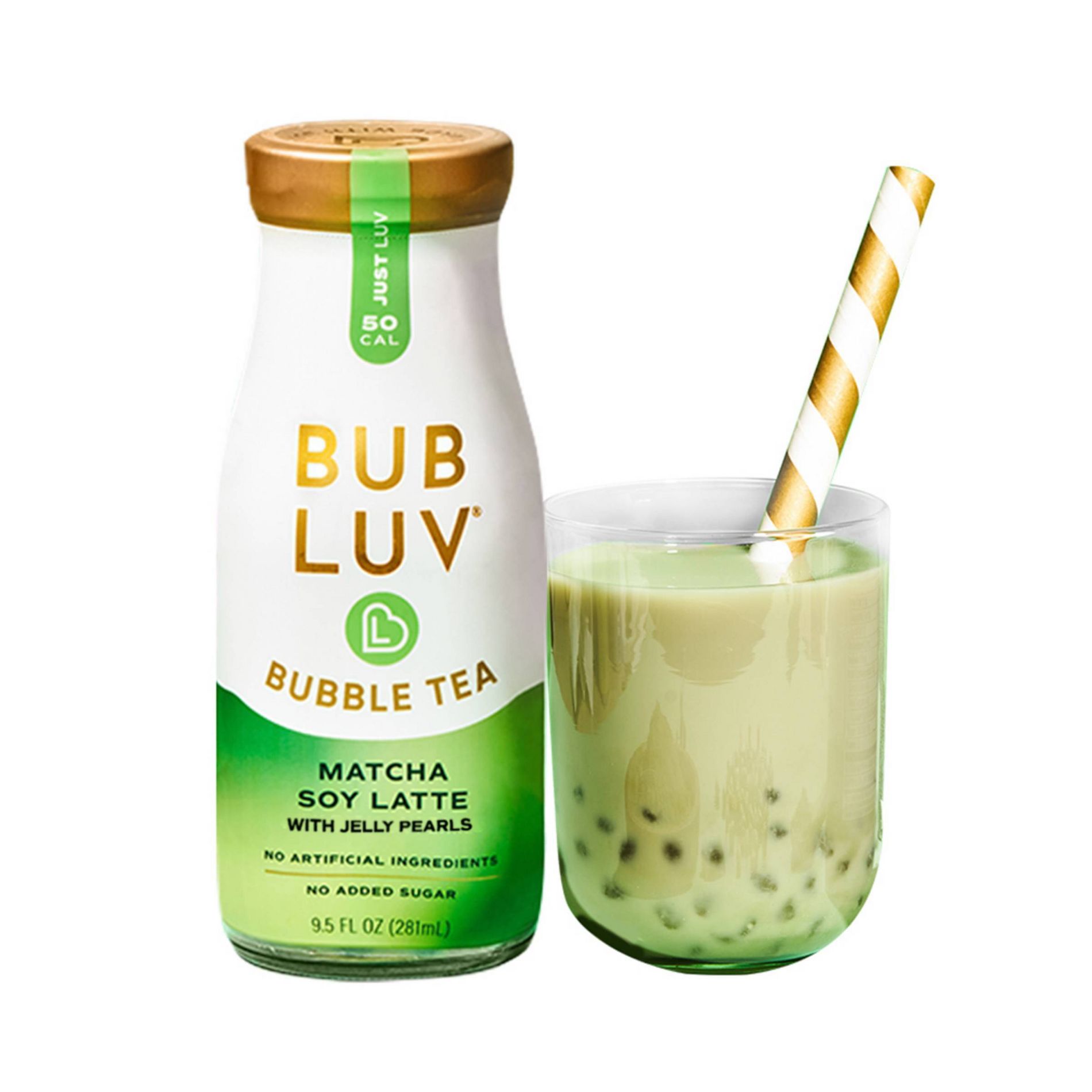 BUBLUV Bubble Tea Matcha Soy Latte with Jelly Pearls - 9.5 fl oz: Sugar-Free, Vegan, Gluten-Free