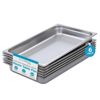 BIRDROCK HOME Stainless Steel Steam Table Pans, Full-Size, 9.1 qt, 24 Gauge Steel, 2.5" Depth, Meal Prep, Cooking & Food Storage (6 Pack)