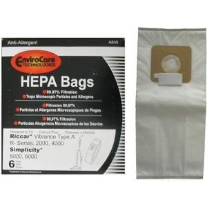 Riccar Vibrance Simplicity 5000, 6000 Type A Hepa Bags Micro Filtration Vacuum Cleaner Dust Bags 6 Pack - 1 of 2