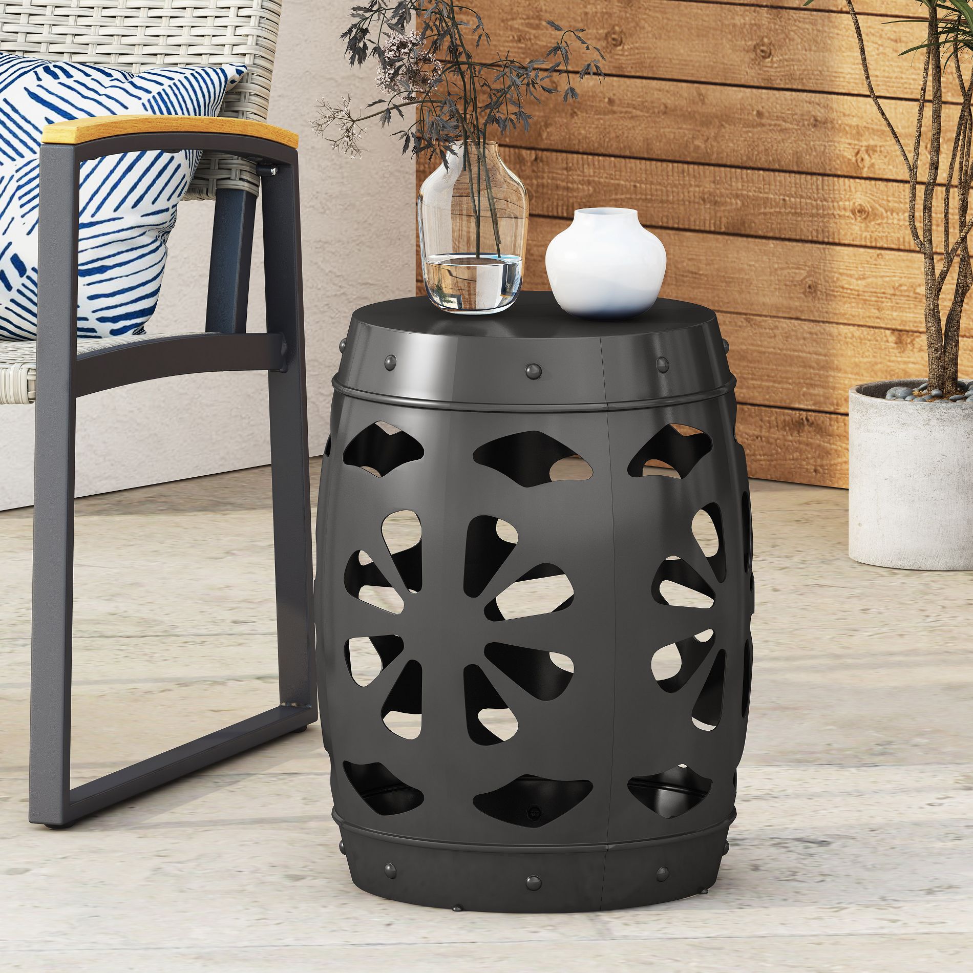 GDFStudio Maud Outdoor Iron Barrel End Table with Floral Cutout Design, Black