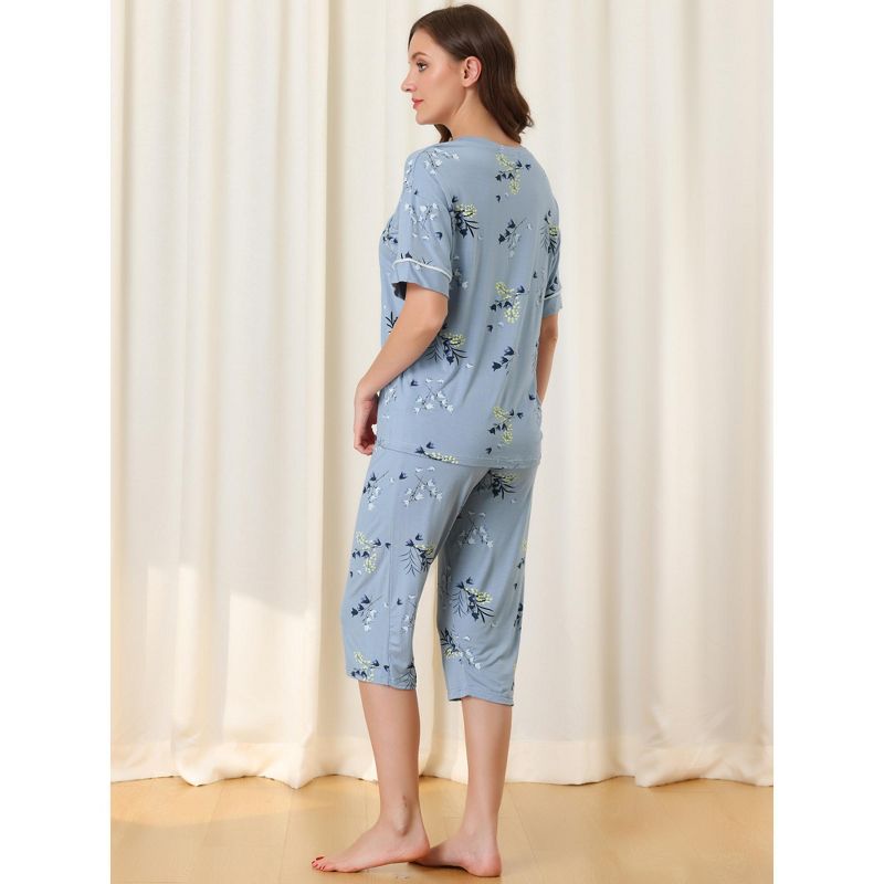 cheibear Womens Capri and Short Sleeve Shirt Floral Lounge Set Nightwear Soft Sleepwear Pajama Sets, 3 of 6