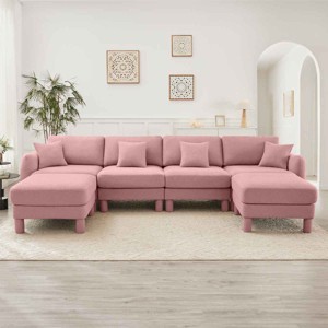 U-Shape Sectional Sofa with 2 Ottomans, 4-Seater Sofa with Armrests and Cylindrical Legs, Boucle Fabric Couch with Cushion-Coolbibila - 1 of 4