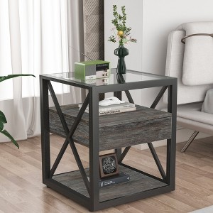 Set of 2 Nightstand with Drawer&Tempered Glass Top, Industrial End Table Accent Table Side Table-Modernluxe - 1 of 4