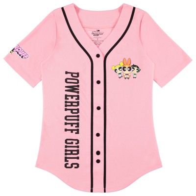 Ladies Powerpuff Girls Baseball Jersey - Powerpuff Mesh Button Down Baseball Jersey - Blossom Bubble and Buttercup Shirt