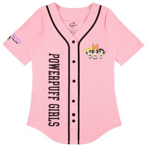 Ladies Powerpuff Girls Baseball Jersey - Powerpuff Mesh Button Down Baseball Jersey - Blossom Bubble and Buttercup Shirt - 1 of 4