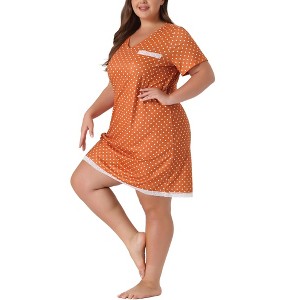 Women's Plus Size Pajamas Polka Dots  Lace Trim V Neck Short Sleeve Lounge Midi Nightgowns with Pocket - Agnes Orinda - 1 of 4