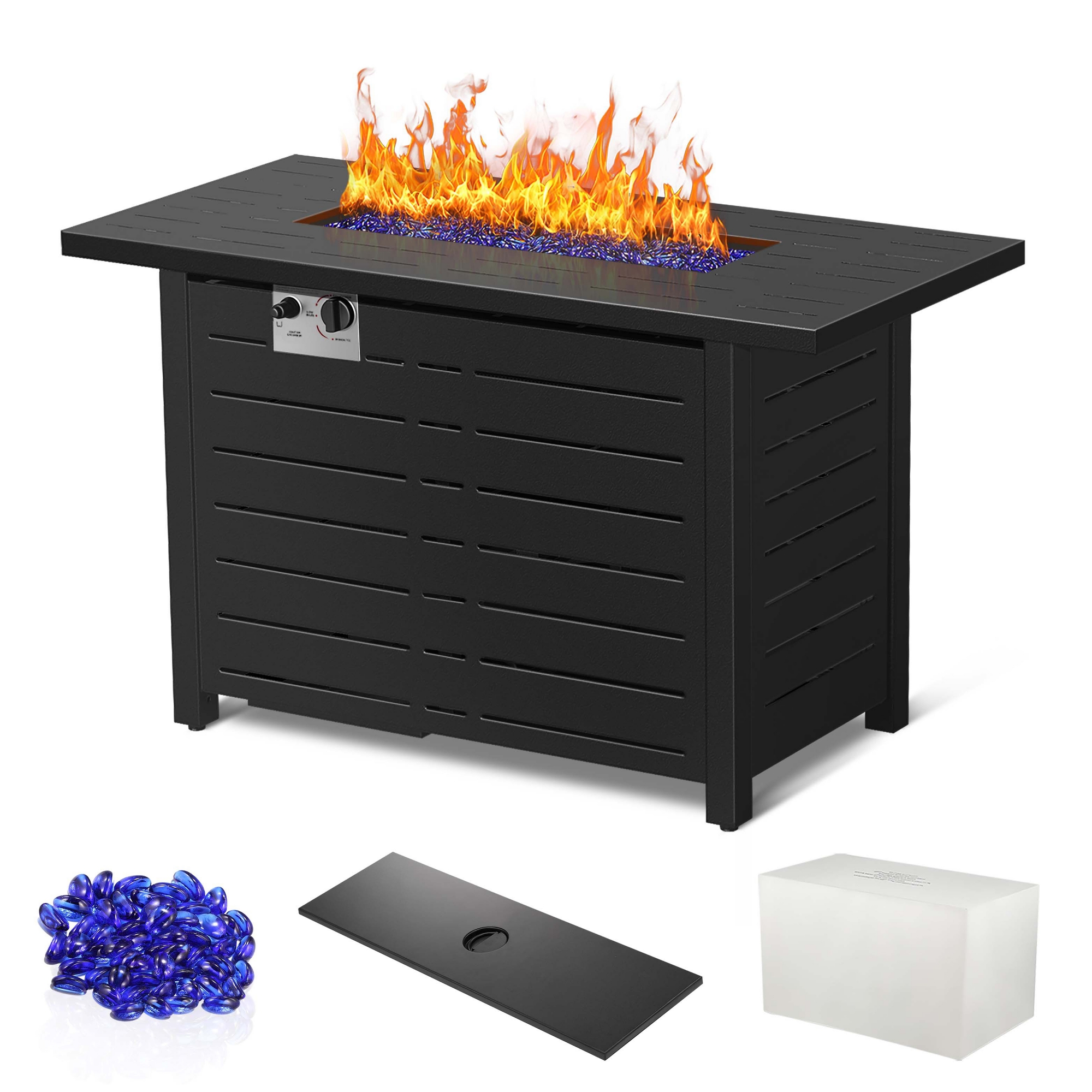 R.W.FLAME 43" Gas Fire Pit Table, 50,000 BTU Propane Burner with Steel Lid & Glass Stone, 2-in-1 Fire Pit & Table for Patio，Backyard Gatherings