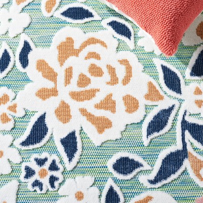 Green and Navy Floral Synthetic 4' x 6' Reversible Area Rug