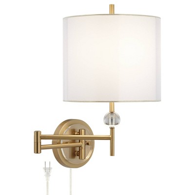 Possini Euro Design Modern Swing Arm Wall Lamp Polished Brass Plug-In Light Fixture White Cotton Sheer Drum Bedroom Living Room