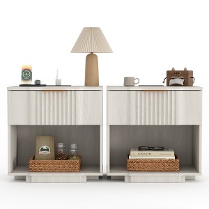 Brafab Fluted Nightstand with 20W Fast Charging Station, Large Bedside Tables with Drawer & Open Shelf, Curved Profile Base,white - 1 of 4