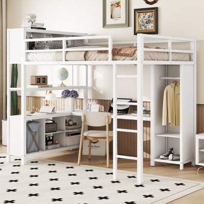 NicBex Full Size Bunk Bed with Desk Metal Frame Bed Frame with Storage Cabinet, Wardrobe, Bedside Table, Guardrails and Ladder